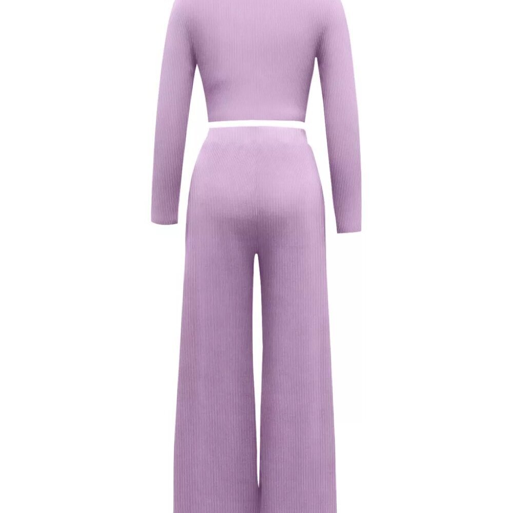 Casual Long Sleeve Crop Top and Wide Leg Pants Set - Picture 4 of 9
